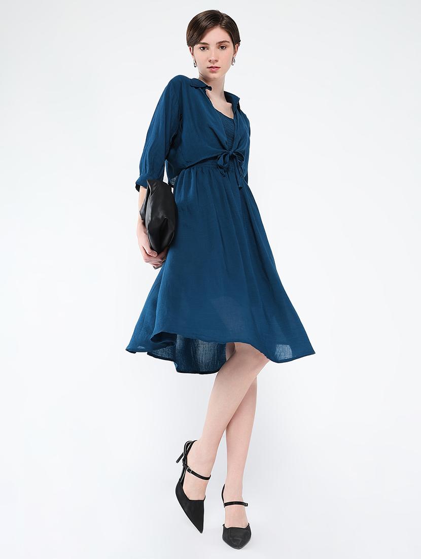 women solid sleeveless fit & flare dress with shrug - 21562693 - Standard Image - 4