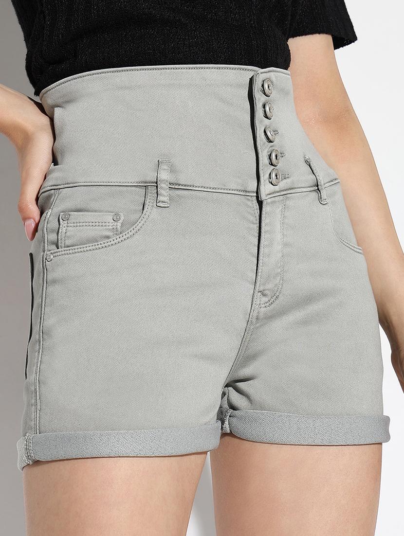 women solid high rise denim shorts - 21562719 - Standard Image - 6