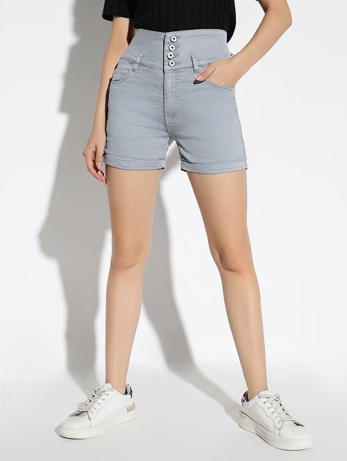 women solid high rise denim shorts - 21562722 -  Standard Image - 0