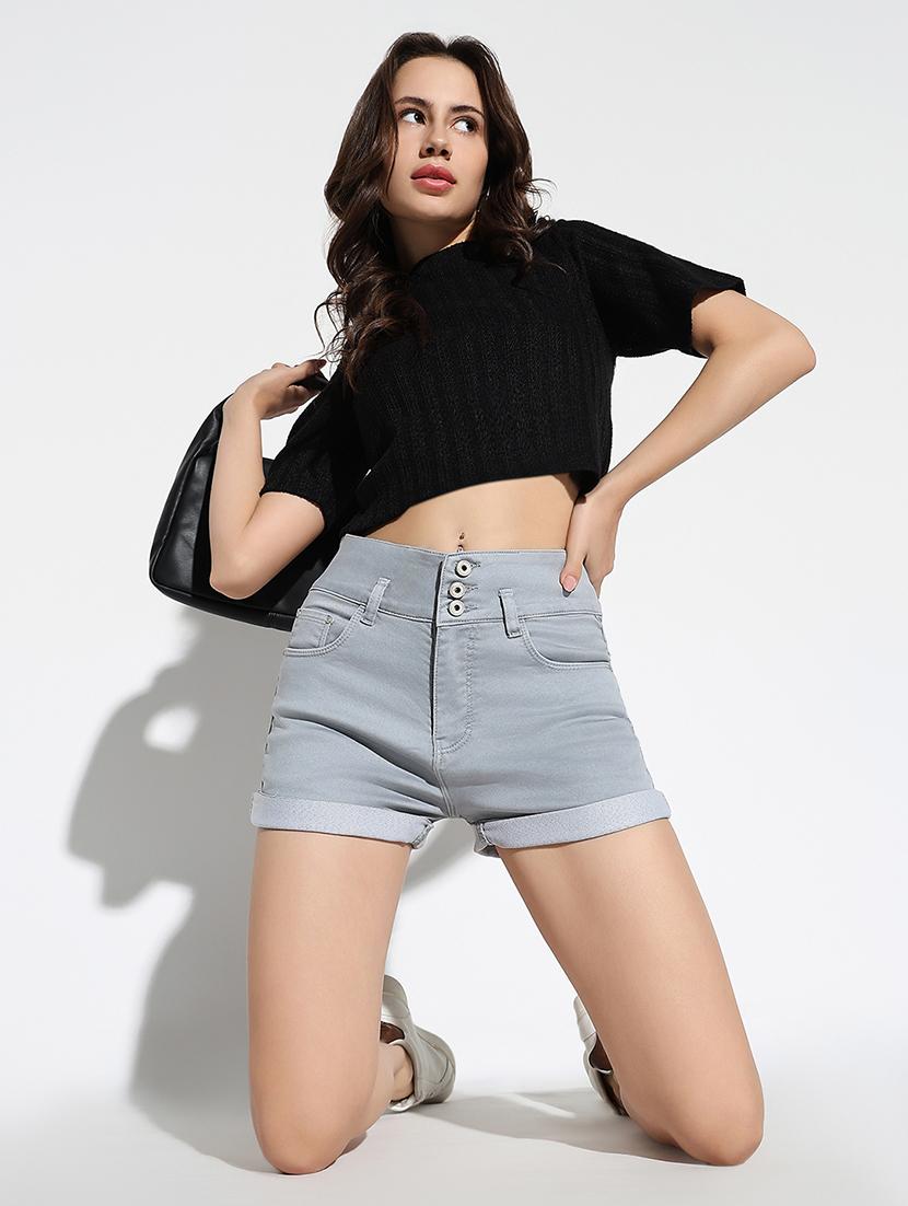 women solid high rise denim shorts - 21562723 - Standard Image - 4