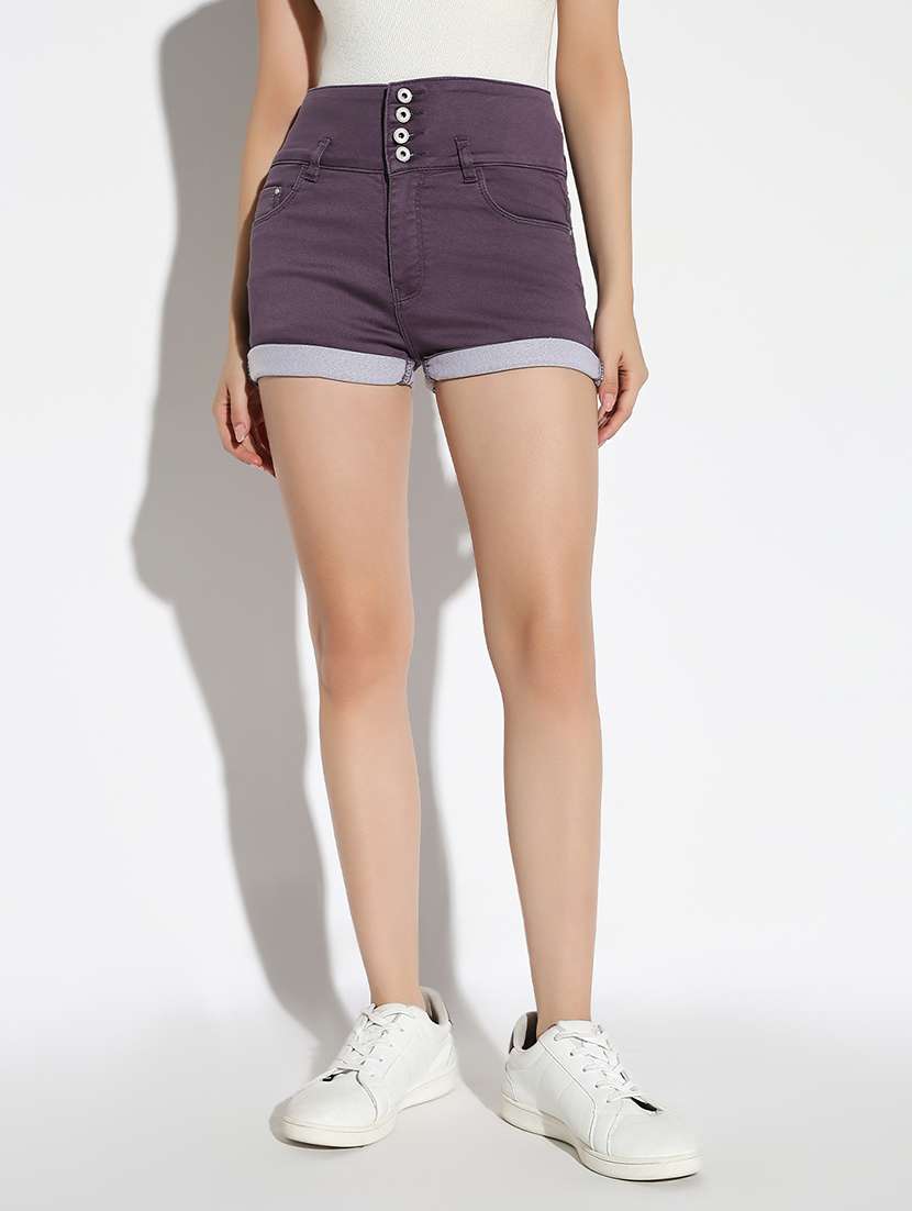 women solid high rise denim shorts