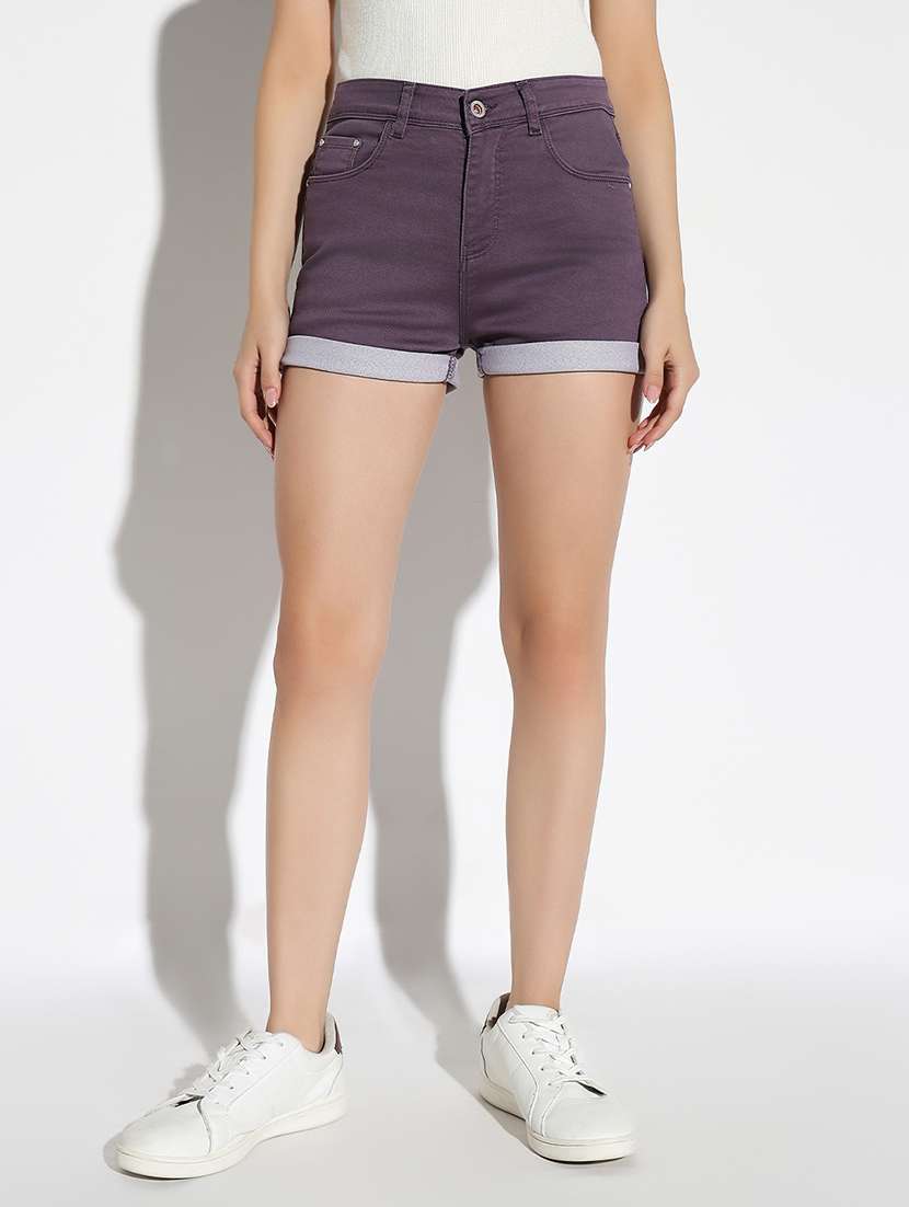 women solid high rise denim shorts