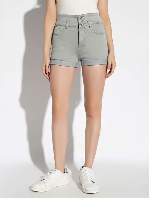 women solid high rise denim shorts - 21562733 - Standard Image - 0