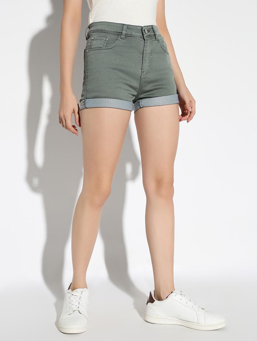 women solid high rise denim shorts - 21562738 - Standard Image - 1