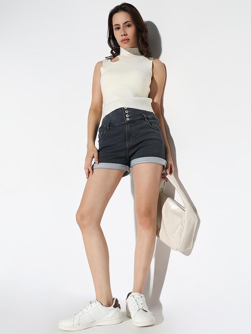 women solid high rise denim shorts - 21562742 - Standard Image - 4