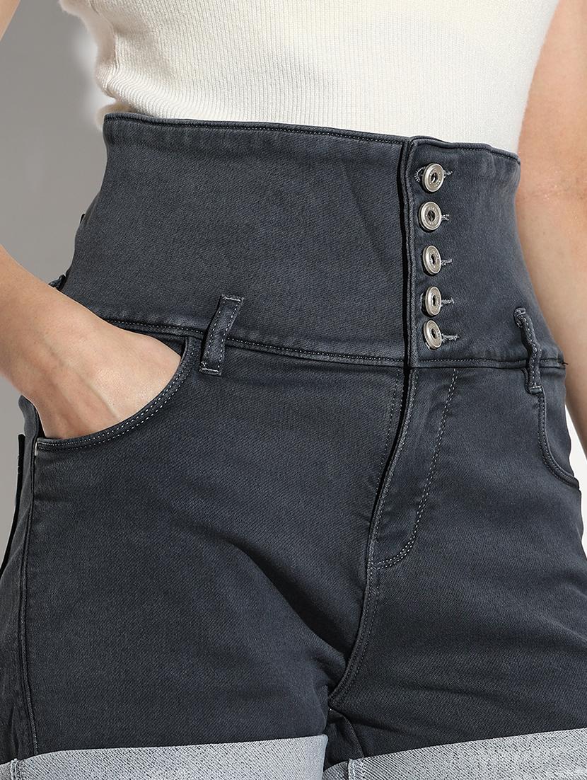 women solid high rise denim shorts - 21562742 - Standard Image - 6