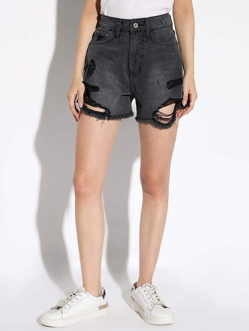 women washed distressed high rise denim shorts - 21562743 - Zoom Image - 0