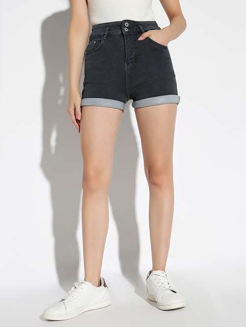 women solid high rise denim shorts - 21562744 - Standard Image - 0