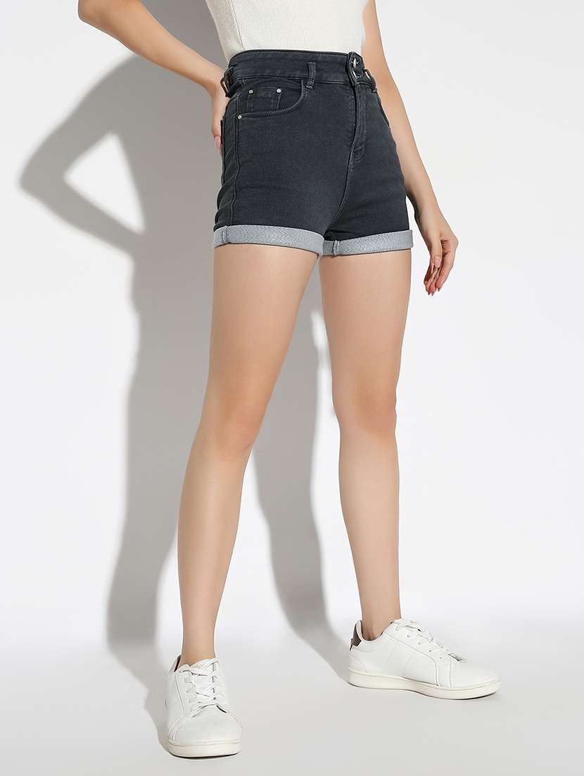 women solid high rise denim shorts - 21562744 - Standard Image - 1