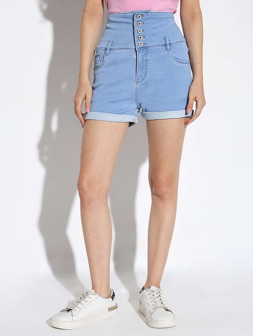 women solid high rise denim shorts