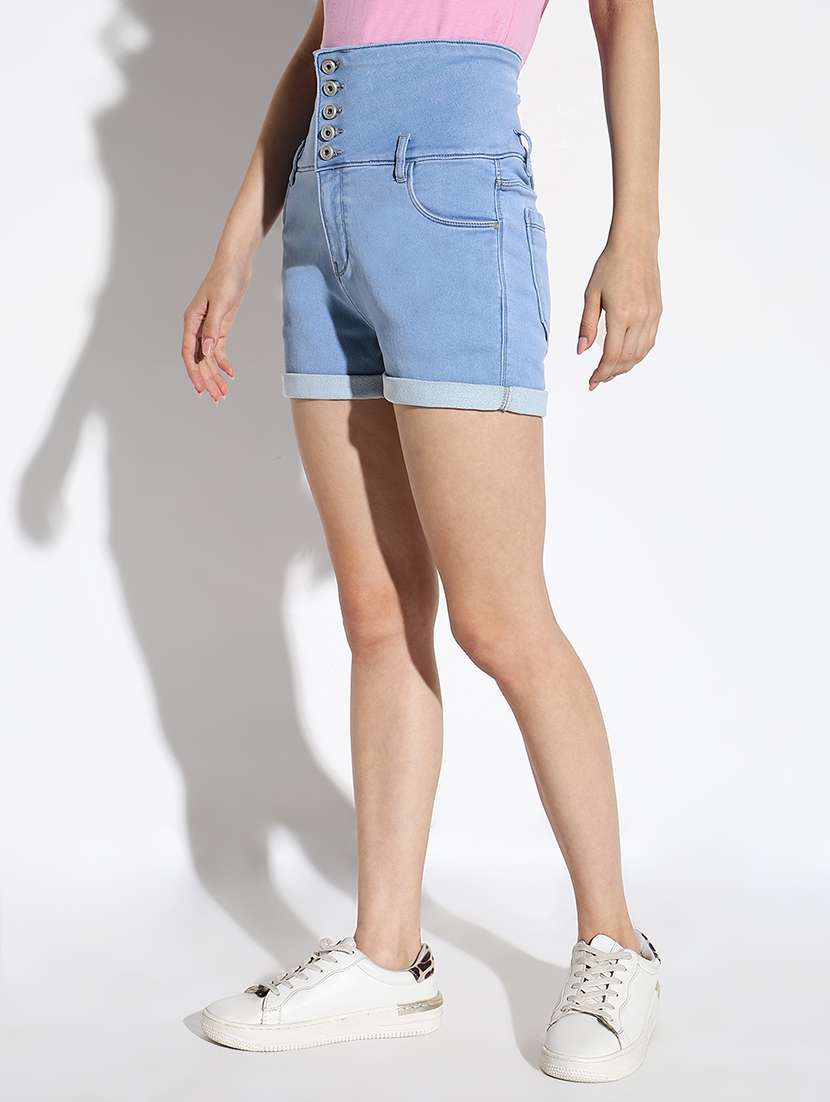 women solid high rise denim shorts - 21562745 -  Standard Image - 1