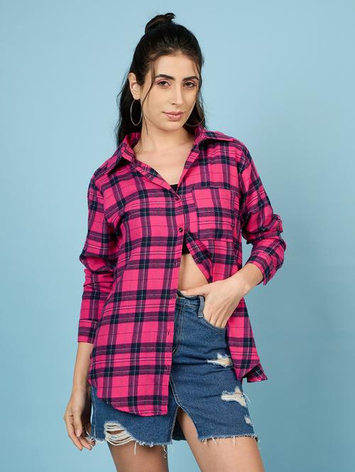 women collared checks oversized shirt - 21563498 - Standard Image - 0