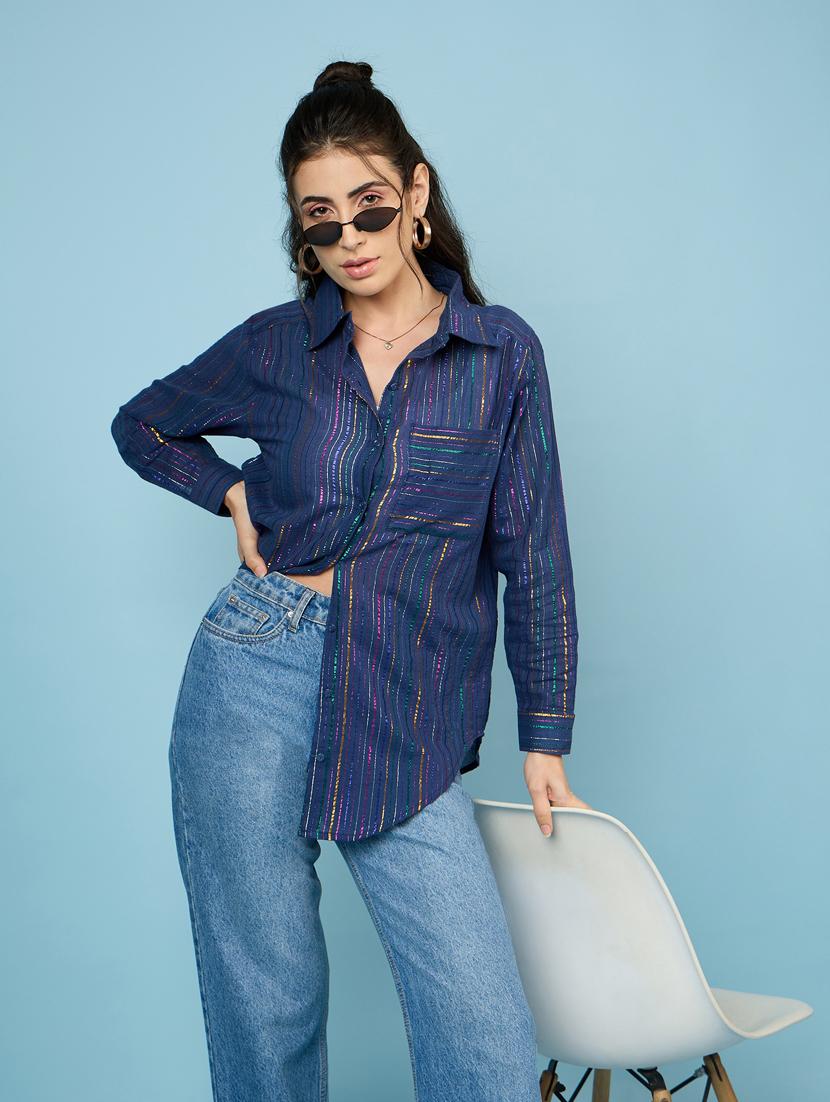 women navy blue stripes oversized shirt - 21563502 -  Standard Image - 1