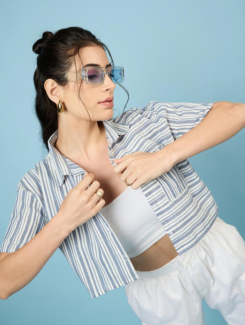 women blue stripes crop shirt - 21563504 - Standard Image - 1