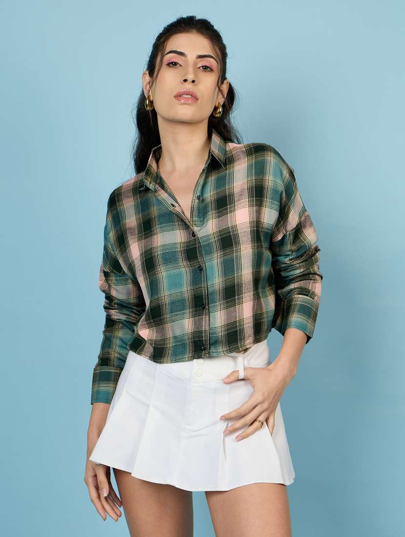 women green checks crop shirt