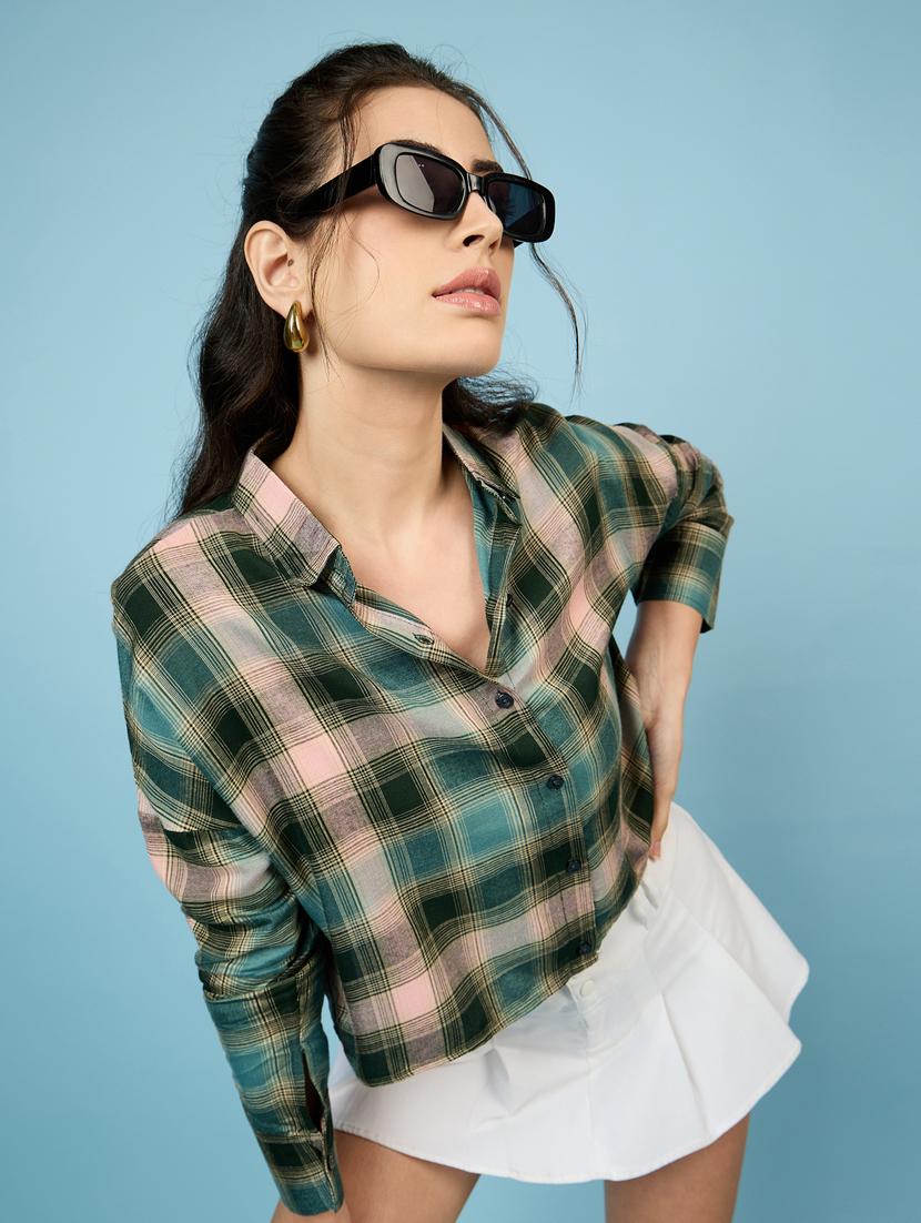 women green checks crop shirt - 21563505 -  Standard Image - 1