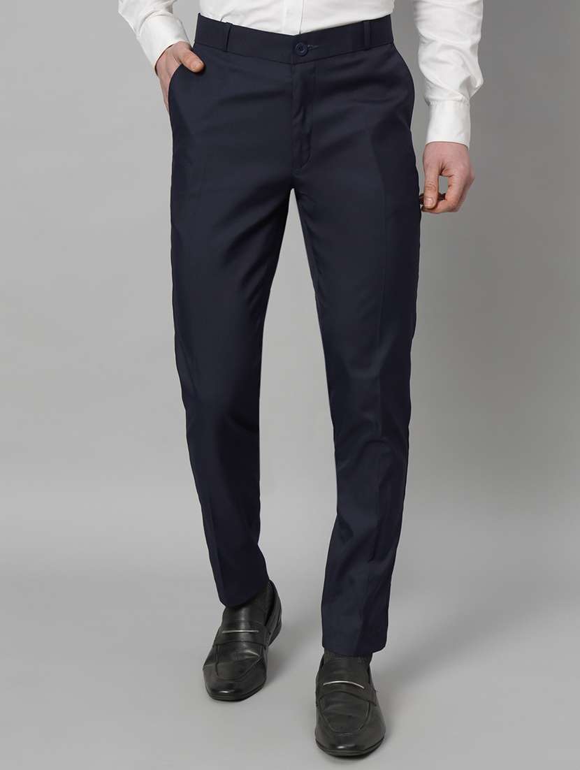 men solid flat front slim fit formal trouser