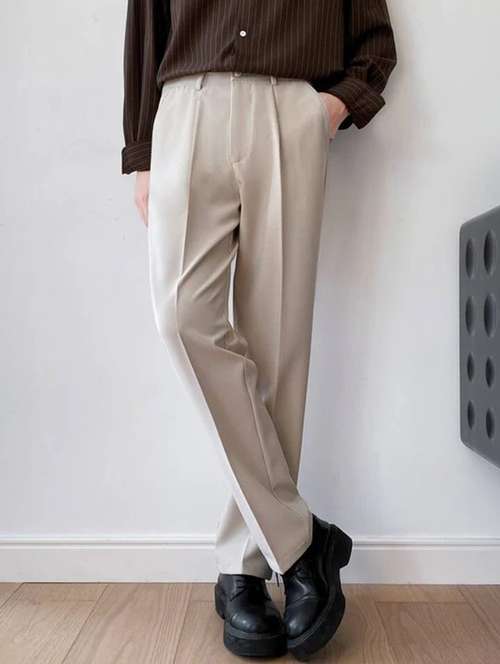 men solid pleated stretchable korean pants