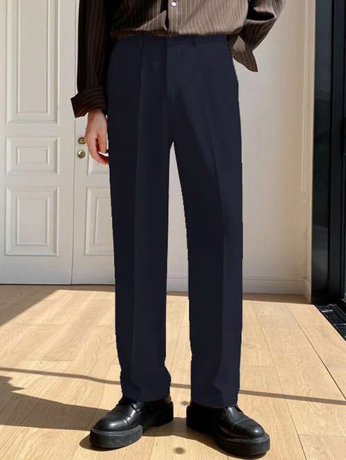 men solid pleated stretchable korean pants - 21563553 - Standard Image - 0
