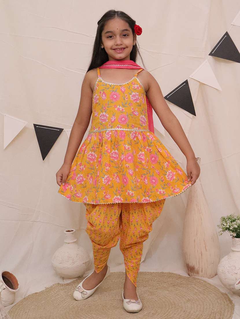 girls floral printed dhoti kurta set with dupatta