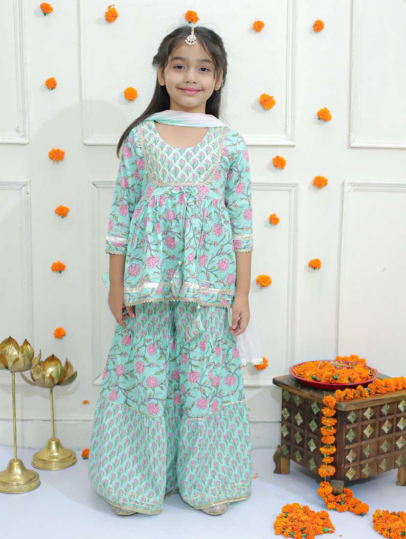 girls floral printed kurta sharara set with dupatta