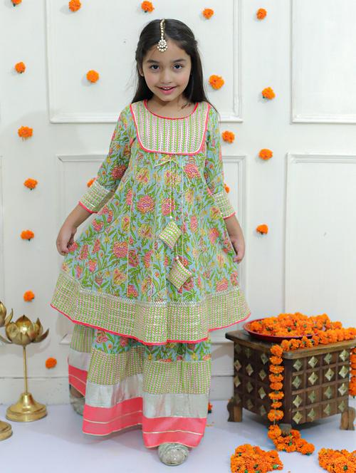 girls floral printed round neck kurta sharara set - 21563896 -  Standard Image - 0