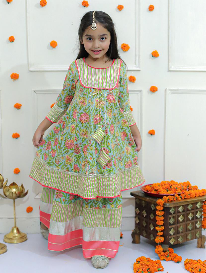 girls floral printed round neck kurta sharara set - 21563896 -  Zoom Image - 0