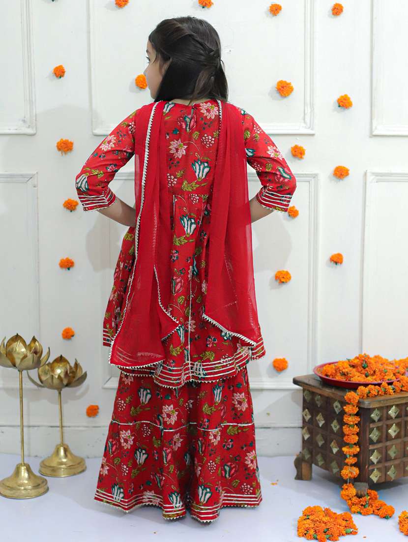 Girls Floral Printed Kurta Sharara Set With Dupatta