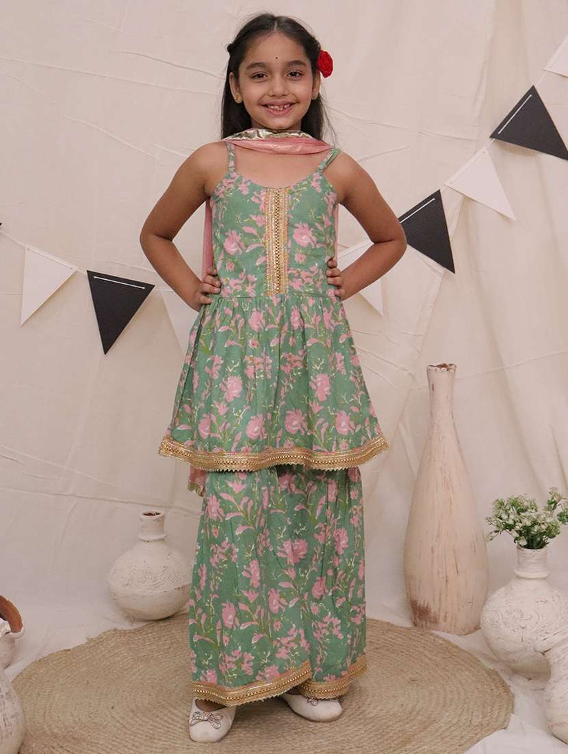 girls floral printed kurta sharara set with dupatta