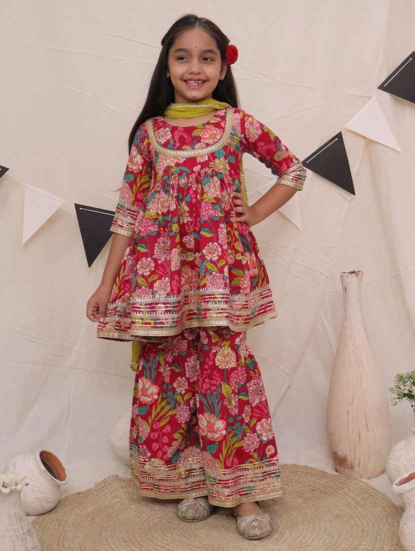 girls floral printed kurta sharara set with dupatta