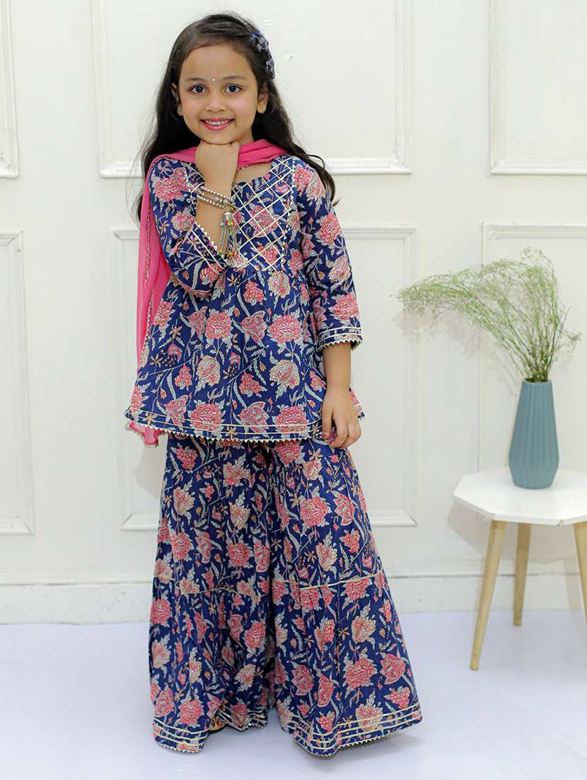 Girls Floral Printed Kurta Sharara Set With Dupatta