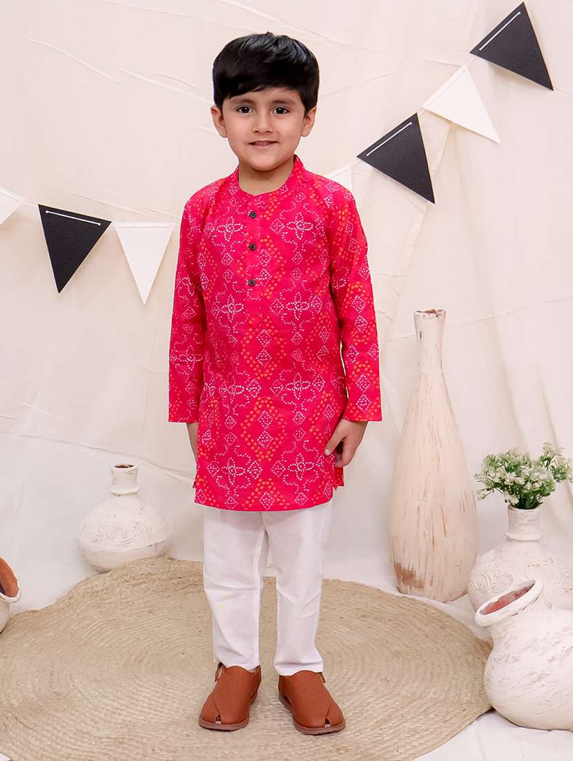 boys bandhani printed long sleeve kurta sets