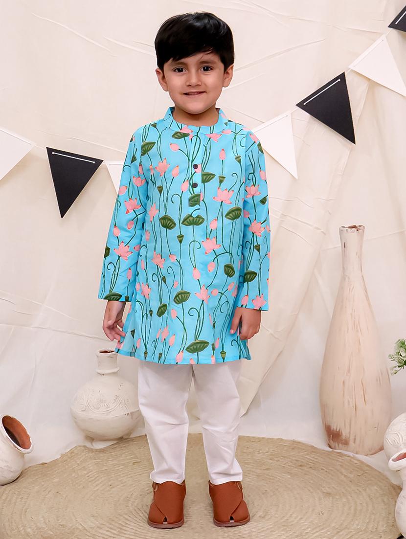 boys floral printed long sleeve kurta sets