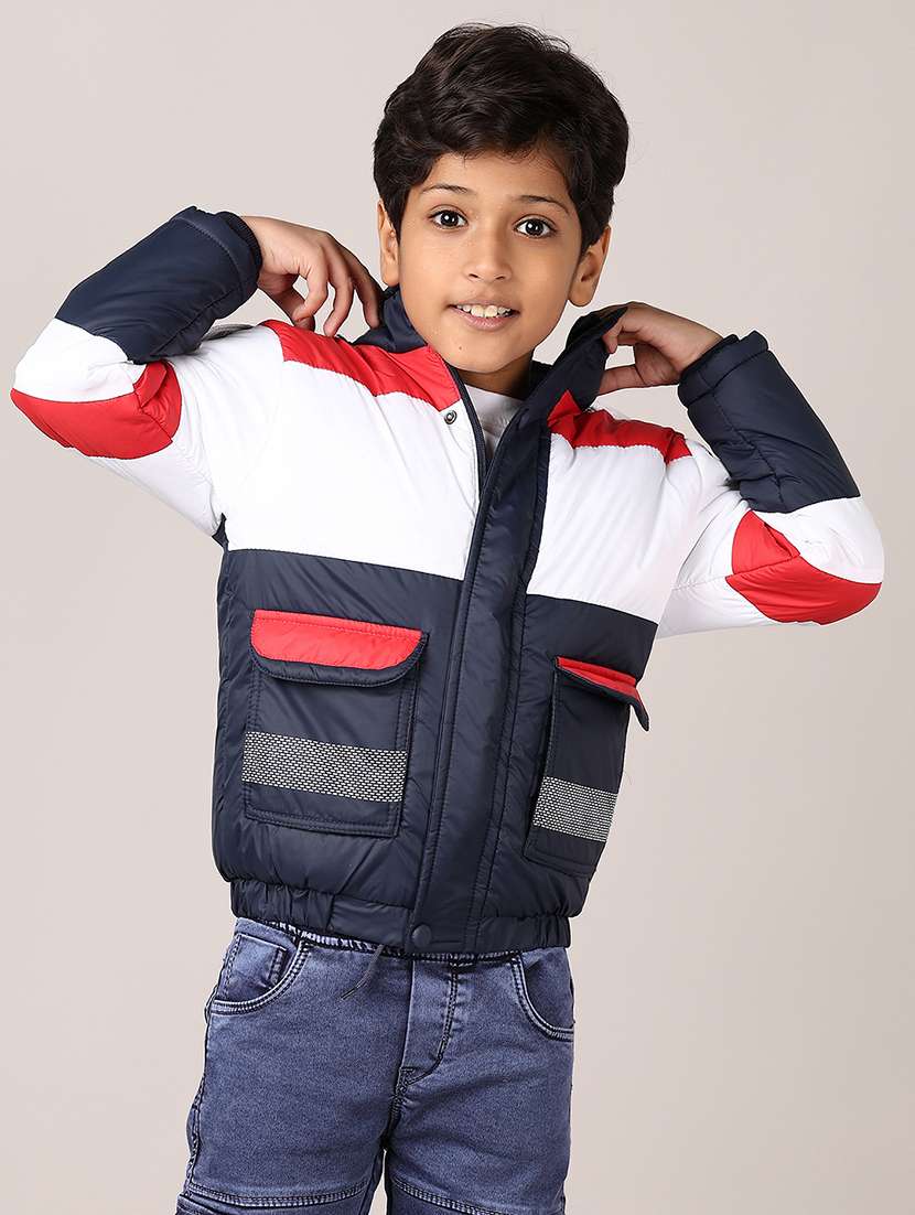 boys color block long sleeve hooded bomber jacket