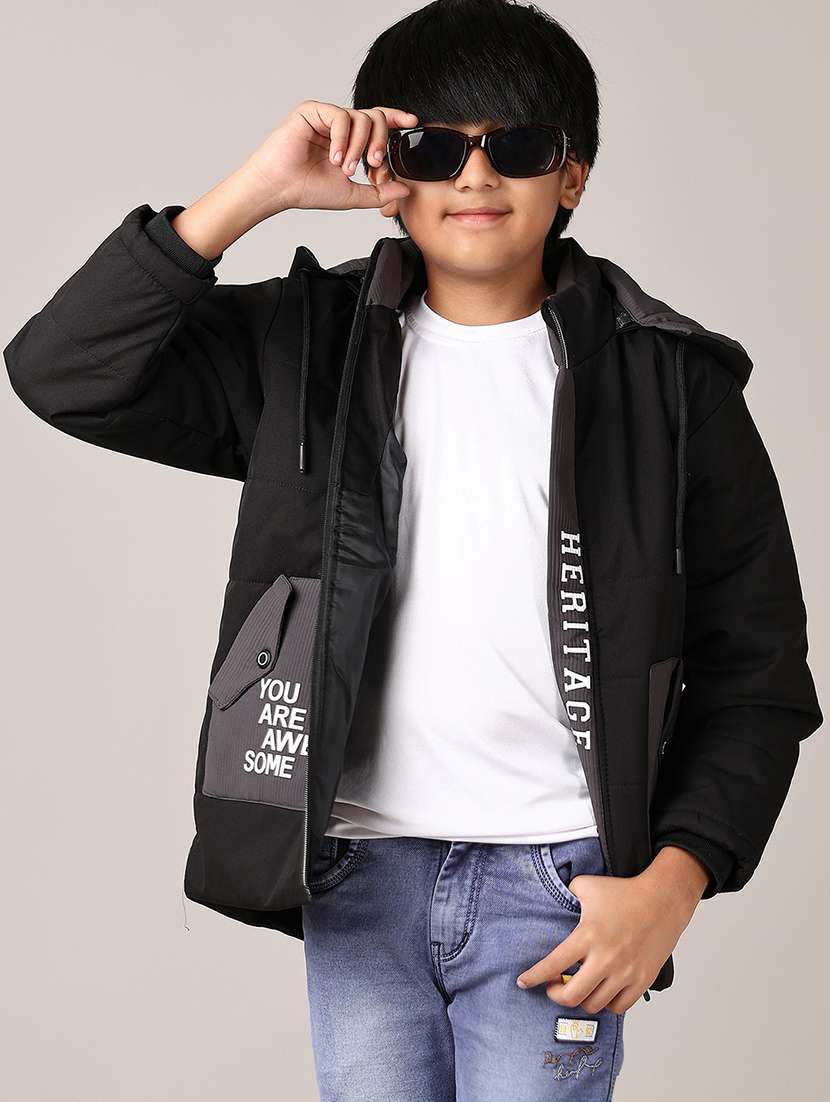 boys black solid long sleeve bomber hooded jacket - 21564140 -  Standard Image - 1