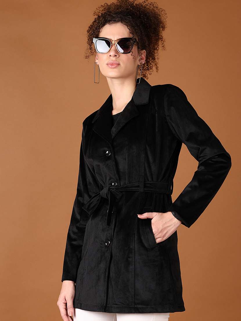 women black solid full sleeve coat - 21564842 -  Standard Image - 1