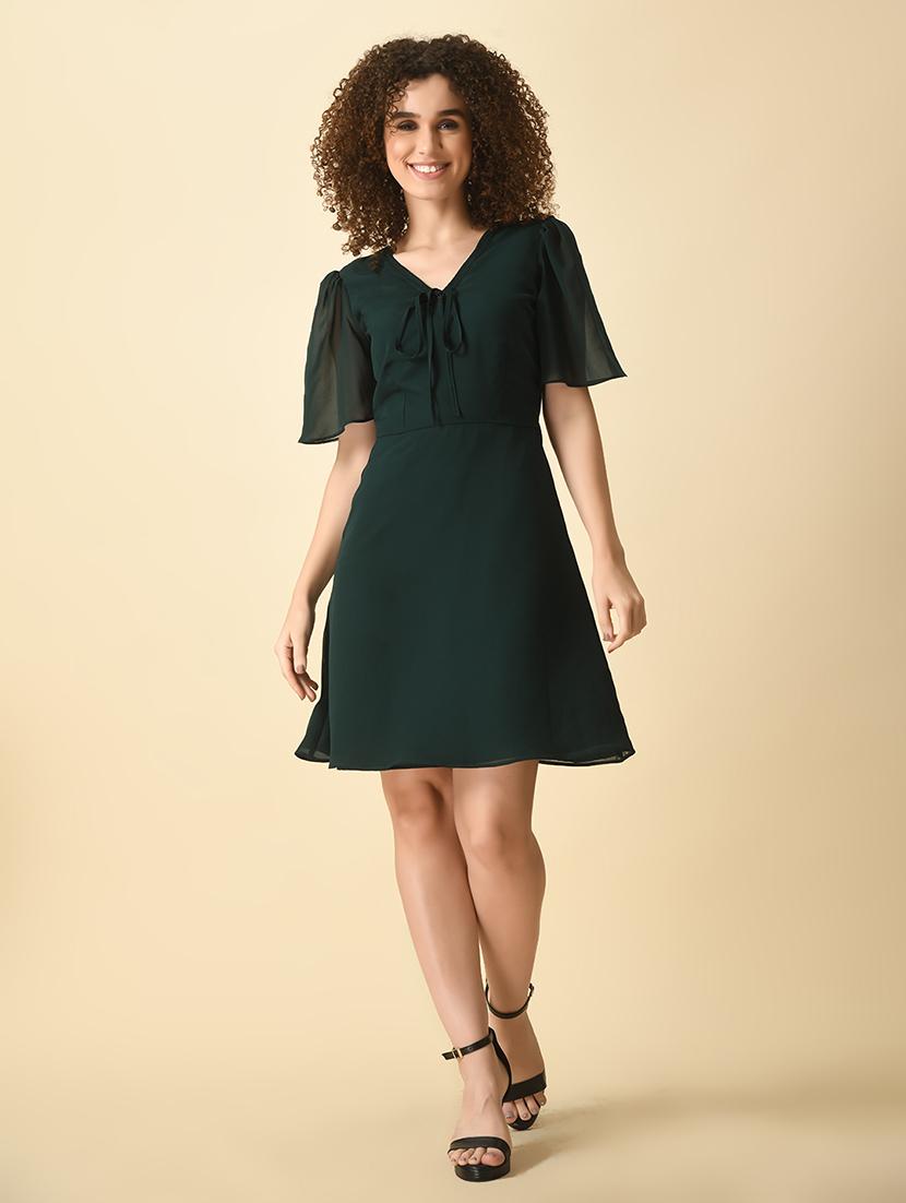 women dark green solid a-line dress - 21565222 -  Zoom Image - 0
