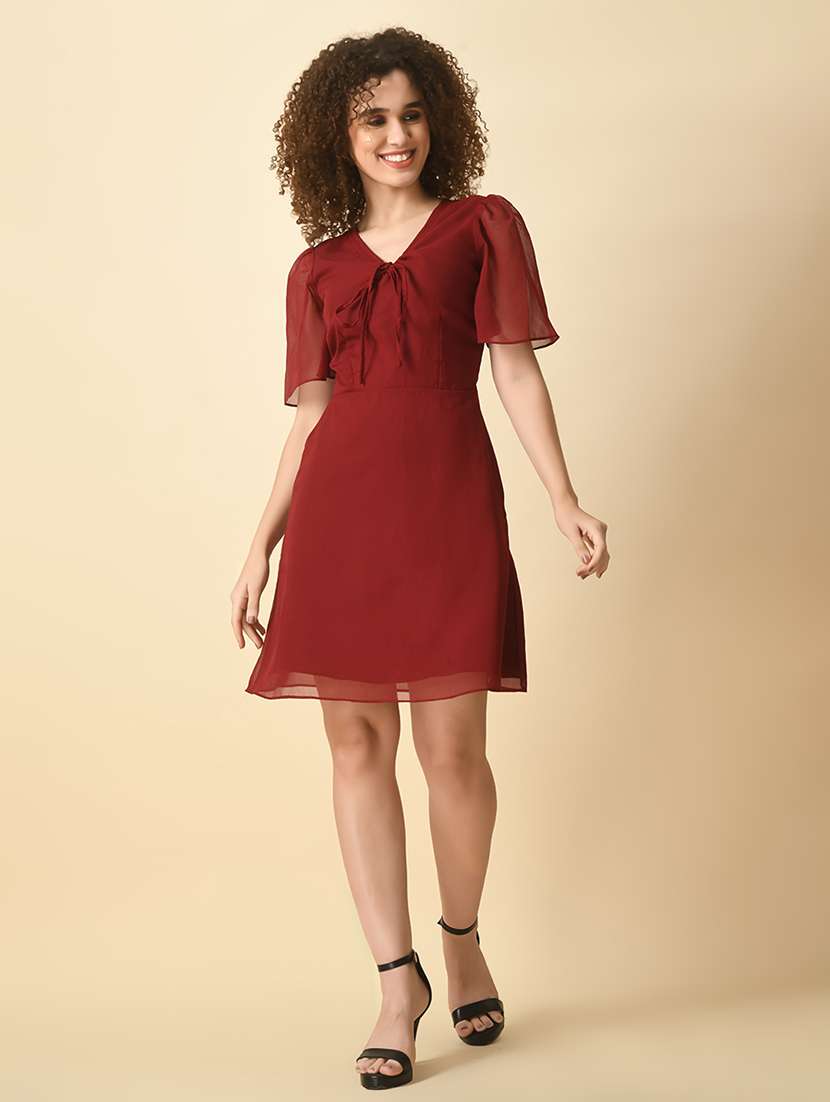 women solid puff sleeve a-line dress