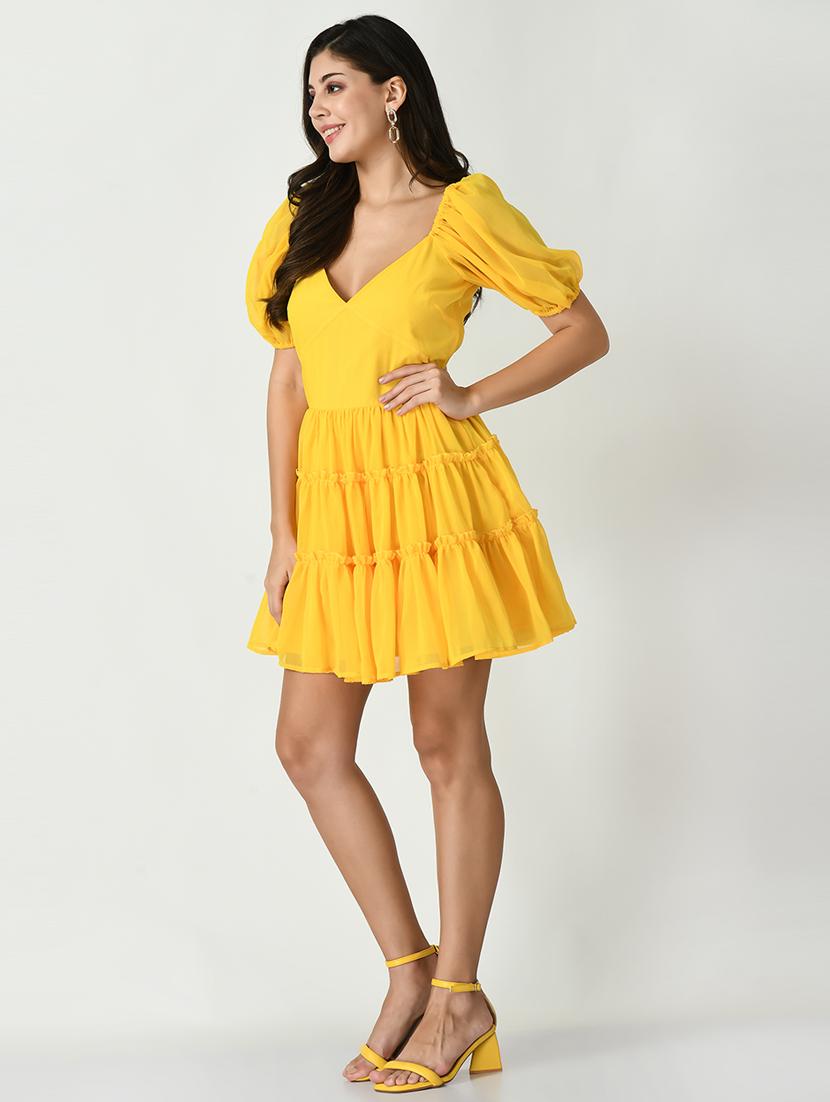 women yellow solid fit & flare dress - 21565354 - Standard Image - 1