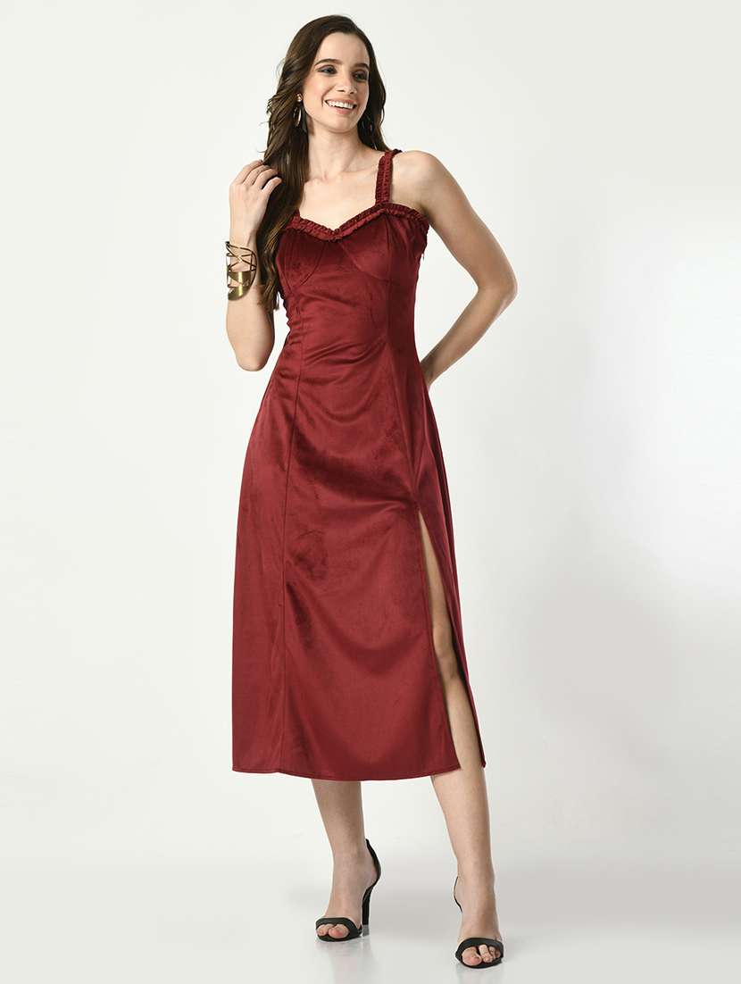 women solid velvet high slit dress - 21565399 - Standard Image - 1