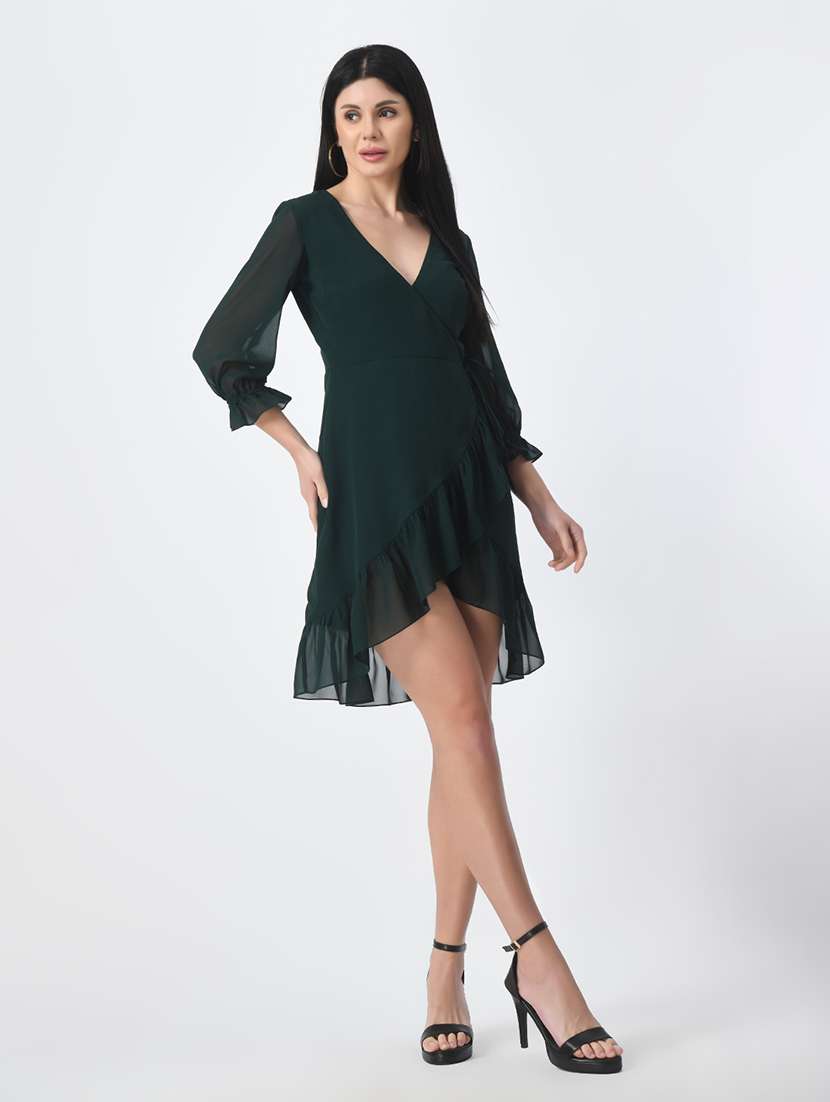 women dark green solid high-low dress - 21565440 - Standard Image - 1