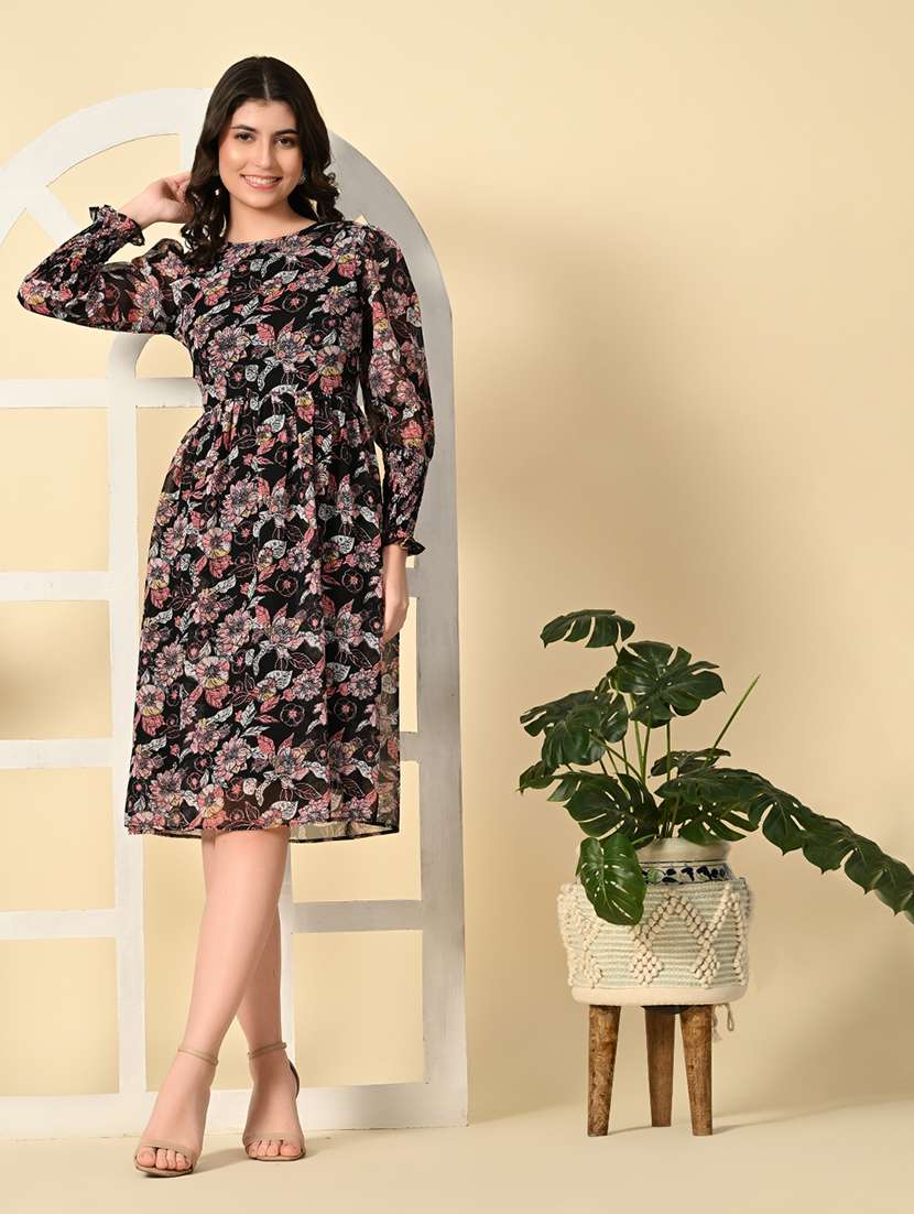 women black printed a-line dress