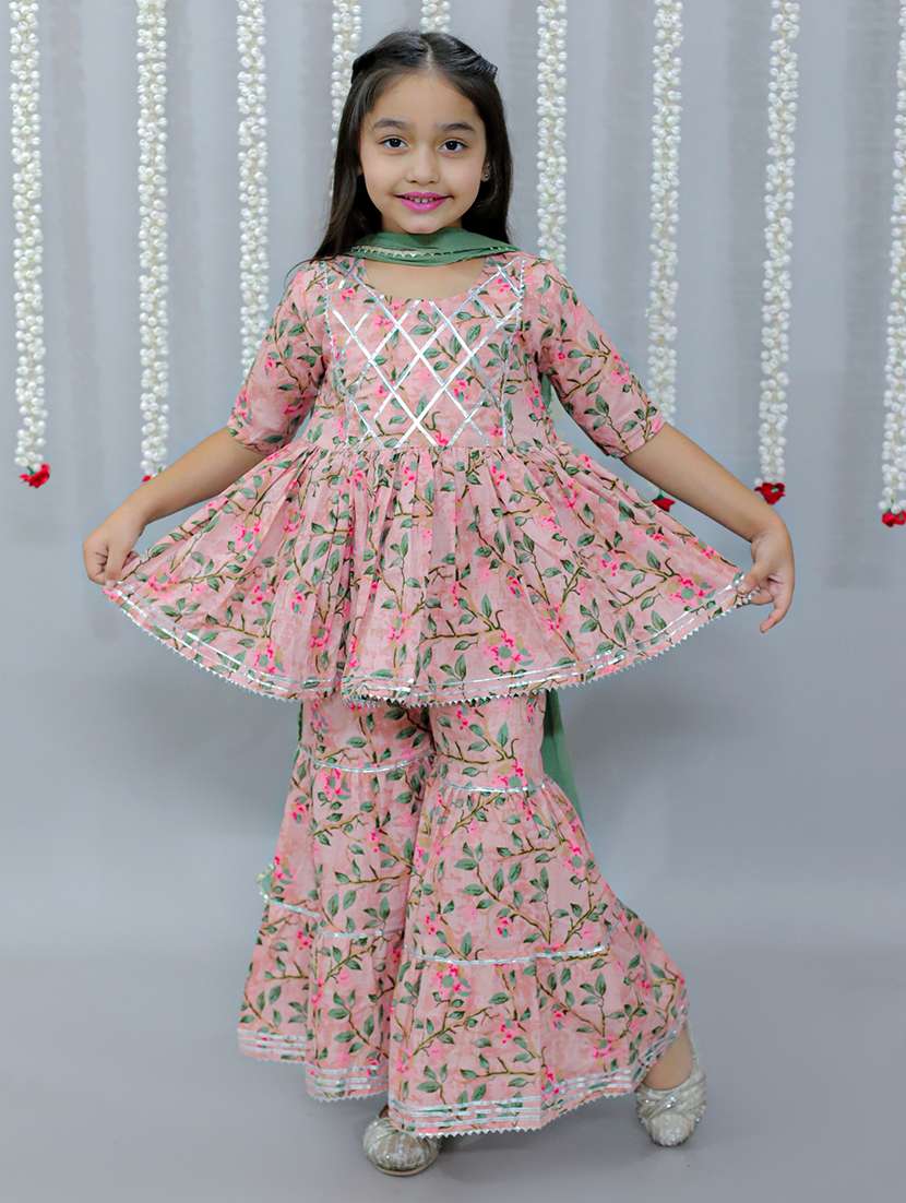 girls floral printed kurta sharara set with dupatta