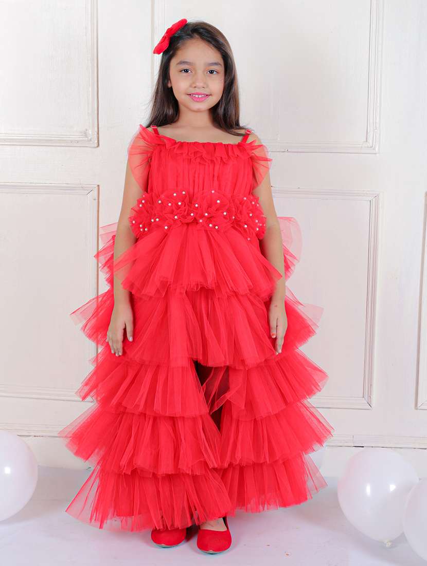 girls embellished soulder strap neck ruffle dress