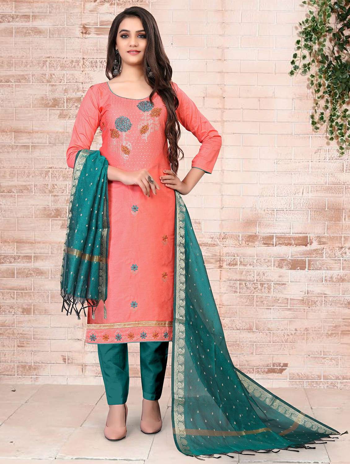 women peach embroidered unstitched suits