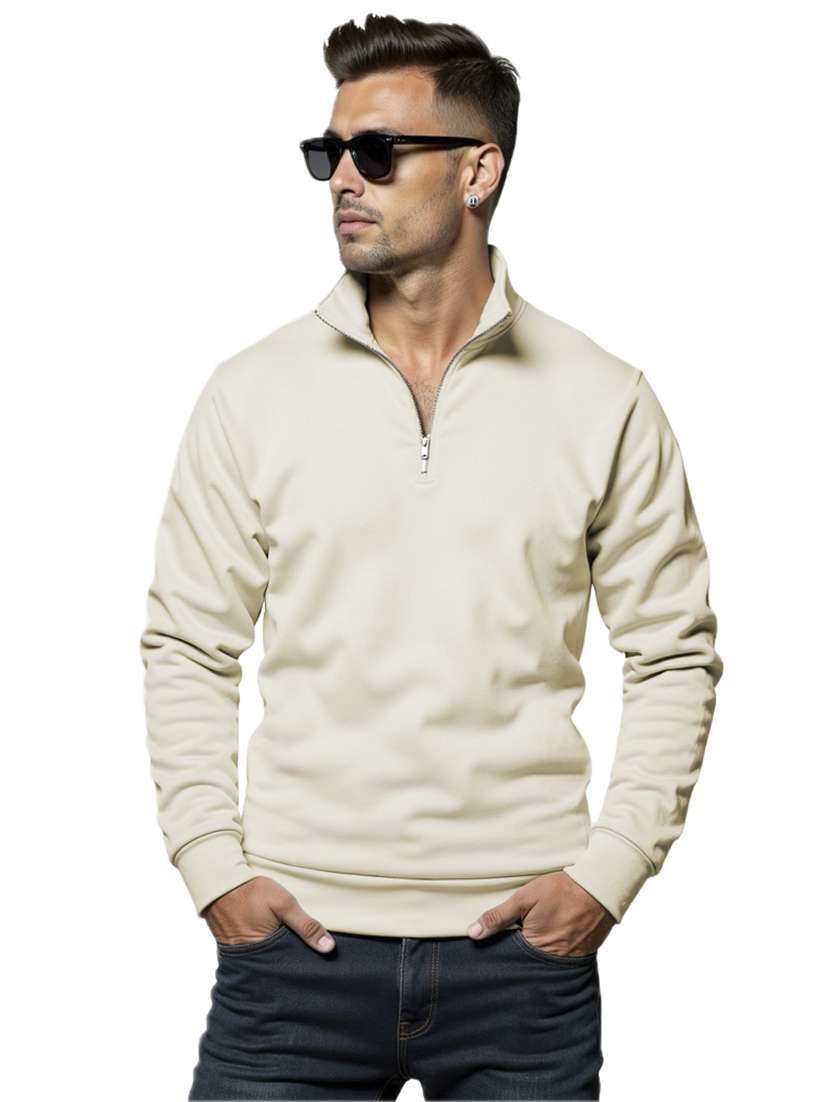 men solid long sleeve stand collar zip detailed sweatshirt