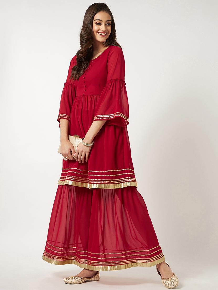 women red round neck kurta sharara set - 21567177 -  Standard Image - 1