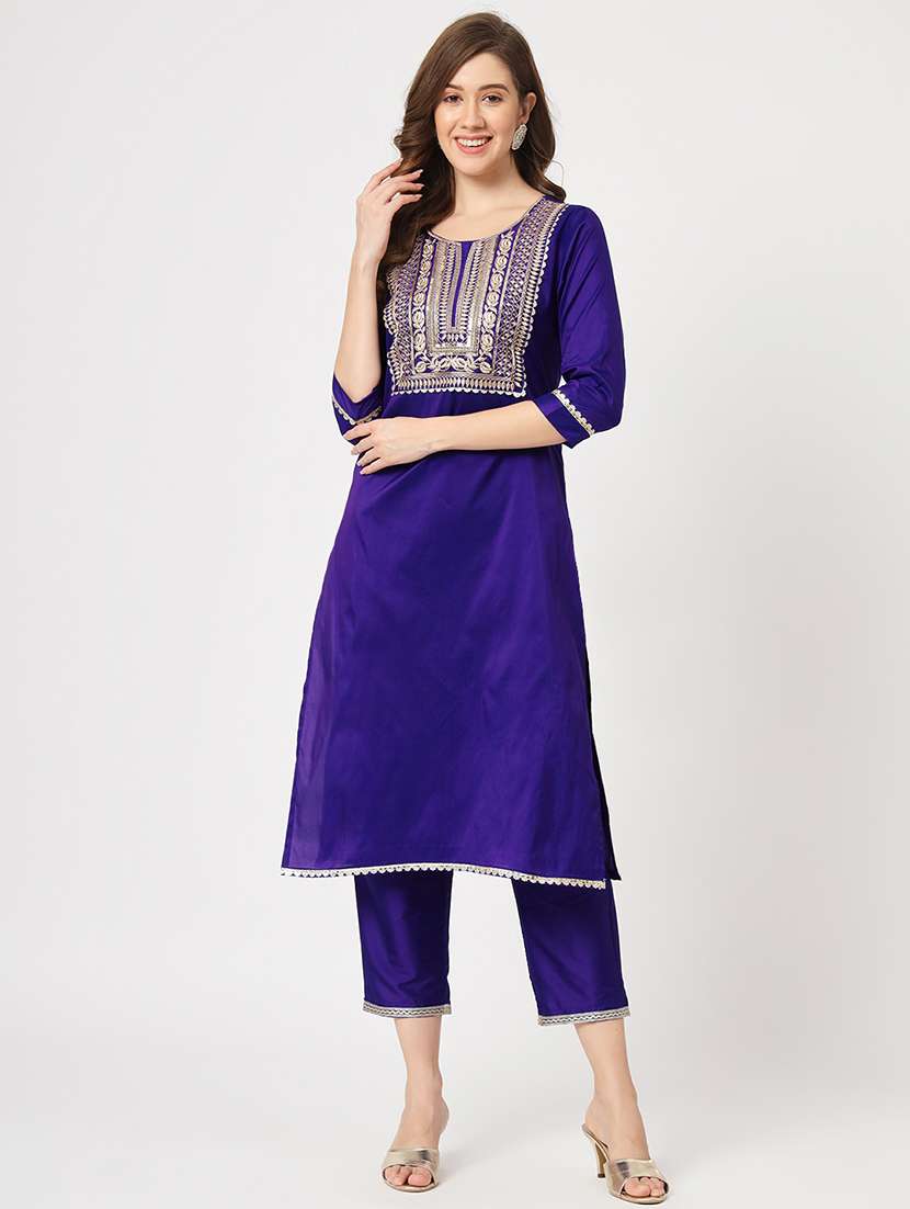 women blue round neck kurta pant set