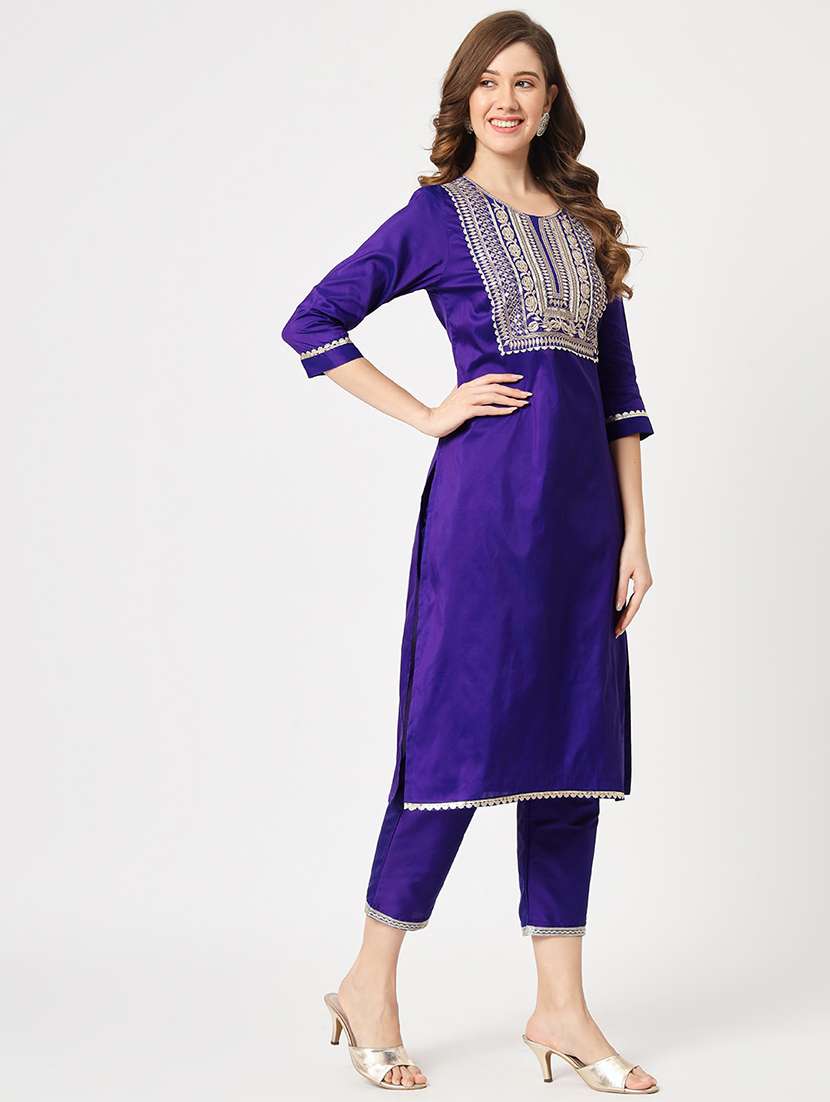 women blue round neck kurta pant set - 21567180 - Standard Image - 1