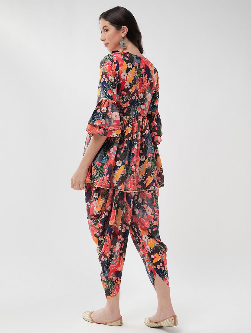 women floral round neck dhoti kurta set - 21567190 - Standard Image - 4